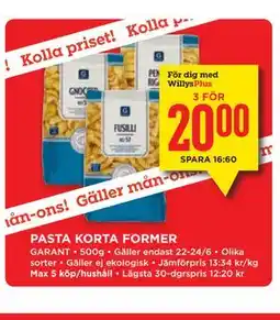Willys PASTA KORTA FORMER, Medlemspris erbjuda
