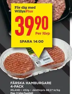 Willys FÄRSKA HAMBURGARE 4-PACK, Medlemspris erbjuda