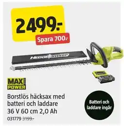 Jula Borstlös häcksax med batteri och laddare 36 V 60 cm 2,0 Ah erbjuda