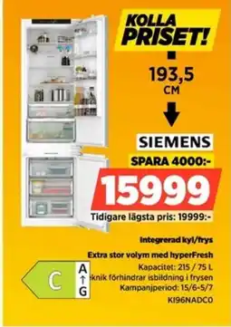 Power Siemens Integrerad kyl/frys Extra stor volym med hyperFresh erbjuda