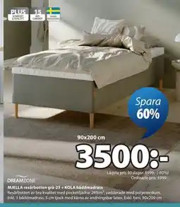 JYSK MJELLA resårbotten grå-23 + KOLA bäddmadrass erbjuda