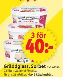 ICA Supermarket Gräddglass, Sorbet SIA Glass. erbjuda