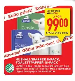 Willys HUSHÅLLSPAPPER 8-PACK, TOALETTPAPPER 16-PACK, Medlemspris erbjuda