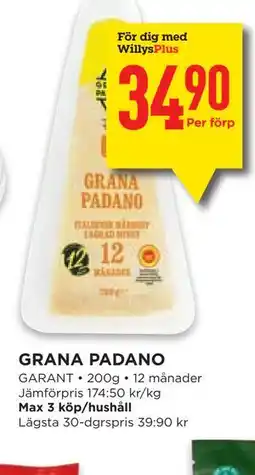 Willys GRANA PADANO, Medlemspris erbjuda