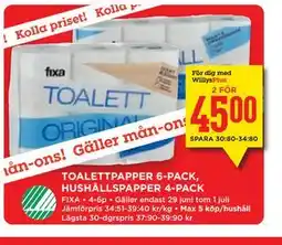 Willys Hemma TOALETTPAPPER 6-PACK, HUSHÅLLSPAPPER 4-PACK, Medlemspris erbjuda