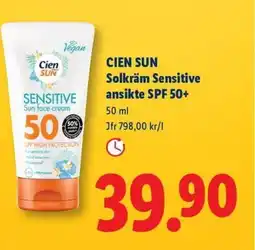 Lidl Cien sun Solkräm Sensitive ansikte SPF 50+ erbjuda