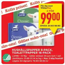 Willys Hushållspapper 8-pack, Toalettpapper 16-pack erbjuda