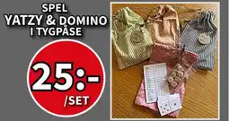 Extra Mjällby Stormarknad Spel yatzy & domino i tygpåse erbjuda