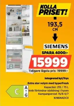 Power Siemens Integrerad kyl/frys Extra stor volym med hyperFresh erbjuda