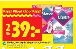 ICA Kvantum Libresse Bindor, trosskydd singelpack, intimtvätt erbjuda