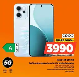 Power Oppo Reno 14 F 256 GB 6000 mAh-batteri med 45 W snabbladdning erbjuda