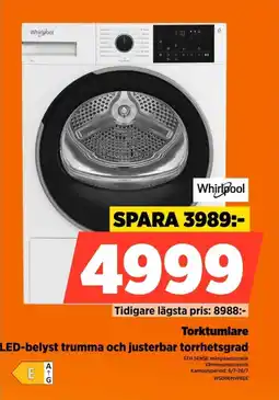 Power Whirlpool Torktumlare LED-belyst trumma och justerbar torrhetsgrad erbjuda