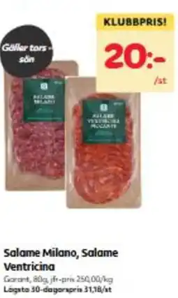 Hemköp Salame milano, salame ventricina erbjuda