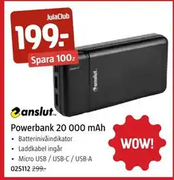 Jula ANSLUT Powerbank 20 000 mAh, Medlemspris erbjuda
