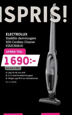 Elon ELECTROLUX Sladdlös dammsugare 500 Cordless Cleaner ES52CB18UG, Medlemspris erbjuda