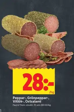 ICA Supermarket Peppar-, Grönpeppar-, Vitlök-, Ostsalami erbjuda