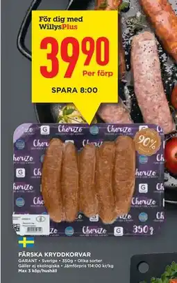 Willys FÄRSKA KRYDDKORVAR, Medlemspris erbjuda
