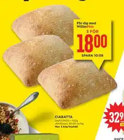 Willys Hemma CIABATTA, Medlemspris erbjuda