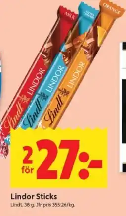 ICA Supermarket Lindor Sticks Lindt. 38 g. Jfr pris 355:26/kg. erbjuda