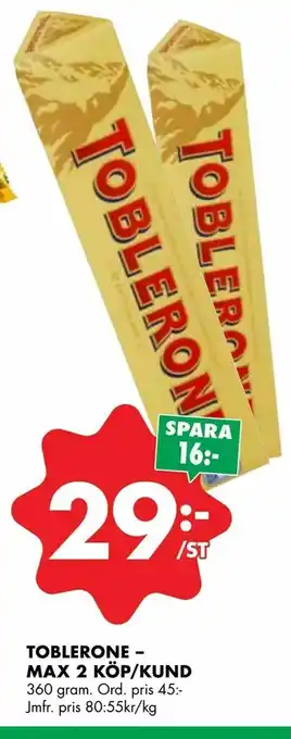 ÖoB Toblerone - max 2 köp/kund erbjuda