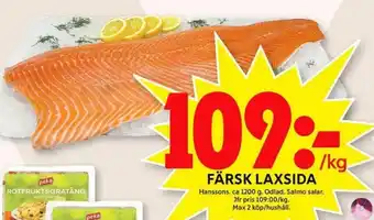 ICA Maxi Hanssons Färsk Laxsida 1200g erbjuda