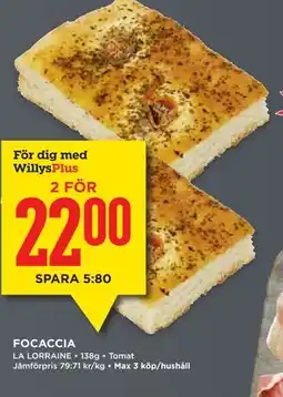 Willys FOCACCIA, Medlemspris erbjuda