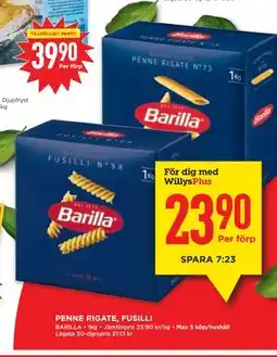 Willys PENNE RIGATE, FUSILLI, Medlemspris erbjuda