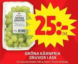 ICA Maxi Ica Gröna kärnfria druvor i ask erbjuda