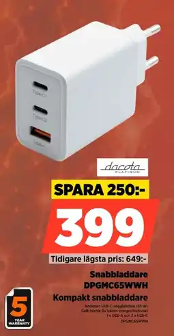 Power Dacota Platinum Snabbladdare DPGMC65WWH Kompakt snabbladdare erbjuda