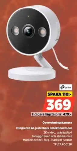 Power Tp-link Övervakningskamera Integrerad Al, justerbara detektionszoner erbjuda