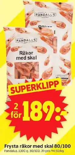 ICA Supermarket Frysta räkor med skal 80/100 erbjuda