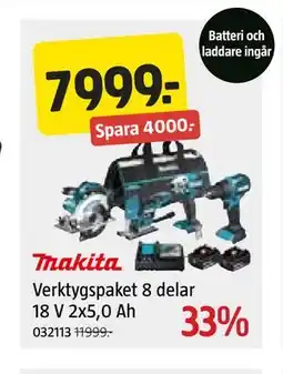 Jula Verktygspaket 8 delar 18 V 2x5,0 Ah erbjuda