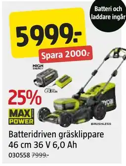 Jula Batteridriven gräsklippare 46 cm 36 V 6,0 Ah erbjuda