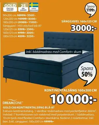 Dreamzone Gold C60 Kontinentalsäng Blå-87 160x200cm