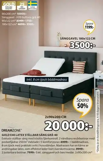 JYSK Dreamzone Gold E40 Memory Ställbar Säng Grå-40 2x90x200 cm erbjuda