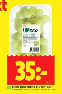 ICA Supermarket Ekologiska gröna druvor i ask erbjuda
