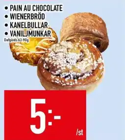 Matdax Dafgårds Pain au chocolate, Wienerbröd, Kanelbullar, Vaniljmunkar erbjuda