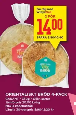 Willys ORIENTALISKT BRÖD 4-PACK, Medlemspris erbjuda