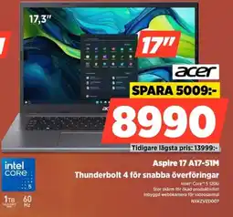 Power Acer Aspire 17 A17-51M Thunderbolt 4 för snabba överföringar erbjuda