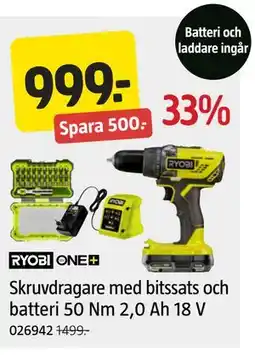 Jula Skruvdragare med bitssats och batteri 50 Nm 2,0 Ah 18 V erbjuda