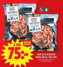 ICA Maxi Royal Greenland frysta räkor med skal erbjuda