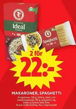 ICA Maxi Kungsömen makaroner, Ideal makaroner, Spaghetti erbjuda