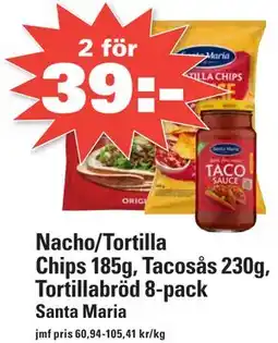 Nära dej Nacho/Tortilla Chips 185g, Tacosås 230g, Tortillabröd 8-pack erbjuda