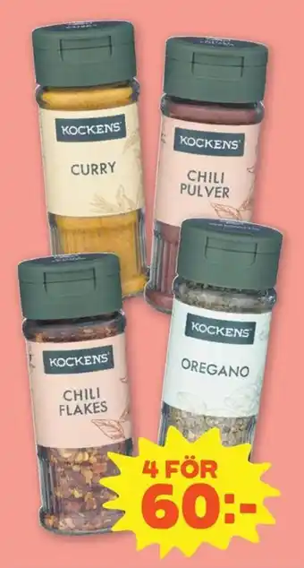 Kockens curry chili pulver chili flakes oregano