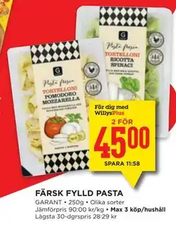 Willys FÄRSK FYLLD PASTA, Medlemspris erbjuda
