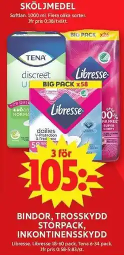 ICA Maxi Libresse Libresse 18-60 pack, Tena 6-34 pack erbjuda