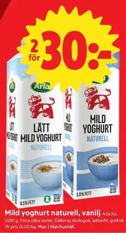 ICA Nära Arla mild yoghurt naturell, vanilj erbjuda