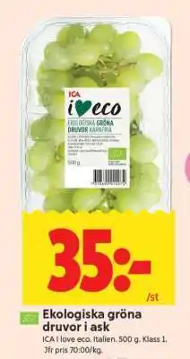 ICA Supermarket Ekologiska gröna druvor i ask erbjuda