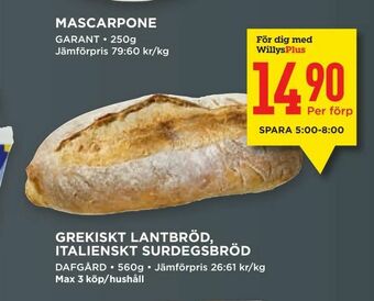 Willys Grekiskt lantbröd, italienskt surdegsbröd erbjuda
