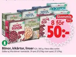 ICA Supermarket Bönor, kikärtor, linser, Medlemspris erbjuda